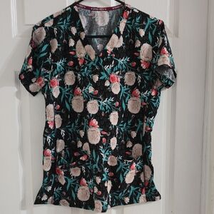 Floral Print V-Neck Women's ScrubTop in Black and Teal
